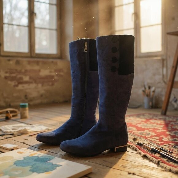Loriblu Suede Italian Designer Knee High Boots Blue Size 7.5 - Picture 1 of 7